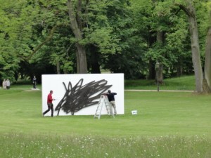 Workers attending to an exhibit at the Kurpark in Bad Homburg.